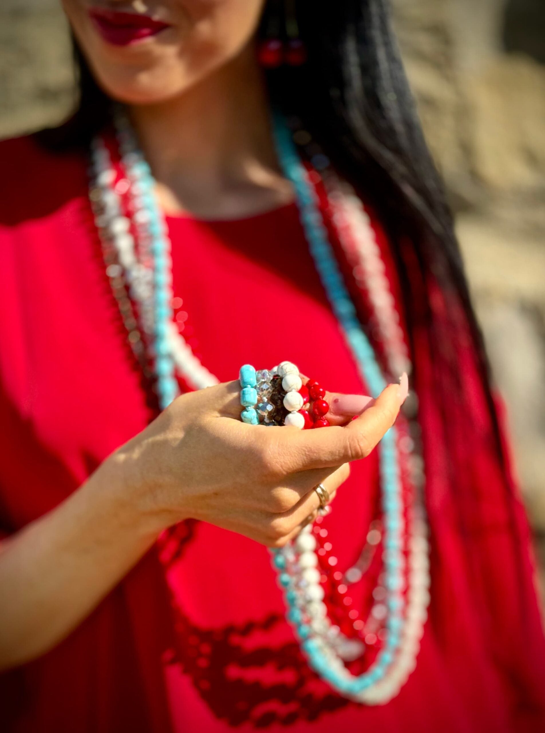 Collana rossa lunga Euphoria Bamboo Coral rosso tondo